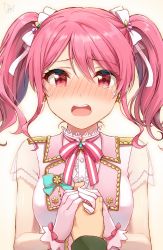 Rule 34 | 1girl, :o, bang dream!, bare arms, blush, breasts, collared shirt, crying, crying with eyes open, dated, earrings, gloves, hair ornament, hair ribbon, heart, holding hands, jewelry, long hair, looking at viewer, maruyama aya, medium breasts, neck ribbon, nose blush, open mouth, pink eyes, pink hair, pink ribbon, pov, pov hands, ribbon, see-through, shirt, short sleeves, sidelocks, signature, solo, solo focus, tarachine, tears, twintails, upper body, white gloves, white ribbon, white shirt