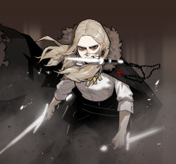 Rule 34 | 1girl, angry, black cape, black pants, blonde hair, cape, commentary, cowboy shot, dagger, dual wielding, dust, earrings, fangs, floating hair, gogalking, greyscale, highres, holding, holding sword, holding weapon, jewelry, knife, leonir (gogalking), long sleeves, looking at viewer, monochrome, mouth hold, necklace, original, pants, reverse grip, shirt, solo, standing, sword, weapon, white shirt