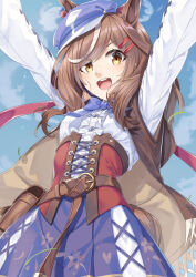 Rule 34 | 1girl, animal ears, arms up, belt buckle, blue sky, blush, boots, breasts, buckle, clothing cutout, cloud, cloudy sky, commentary request, hair between eyes, hair ornament, hairclip, hat, horse ears, horse girl, horse tail, looking at viewer, matikane tannhauser (umamusume), medium breasts, medium hair, miri (ago550421), open mouth, outdoors, ribbon, shoulder cutout, sky, solo, tail, umamusume, yellow eyes