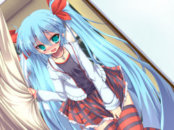 Rule 34 | 1girl, alternate costume, aqua eyes, blue hair, blush, bow, casual, curtains, frills, hair bow, hair ornament, hair ribbon, hatsune miku, jewelry, kocchi muite baby (vocaloid), long hair, miniskirt, necklace, open mouth, project diva (series), project diva 2nd, rankiryuu, ribbon, skirt, skirt tug, solo, striped clothes, striped thighhighs, thighhighs, twintails, very long hair, vocaloid, zettai ryouiki