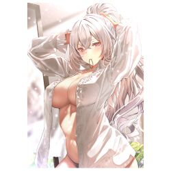 1girl blouse breasts crossed_bangs hair_tie_in_mouth hakuchuumu_no_aojashin large_breasts long_hair mouth_hold official_art olivia_berry open_clothes open_shirt shimofuri shirt solo tying_hair white_shirt