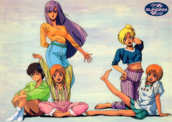 Rule 34 | 1980s (style), 5girls, aqua skirt, arm behind back, arm behind head, arms up, barefoot, blonde hair, bow, brown hair, casual, clothes writing, cropped shirt, denim, elle vianno, elpeo puru, gundam, gundam zz, hair bow, hand on own hip, high ponytail, highres, jeans, kneeling, knees up, leg up, leina ashta, logo, long hair, long sleeves, looking at viewer, midriff, miniskirt, multiple girls, navel, no shoes, official art, oldschool, one eye closed, open mouth, orange hair, own hands together, pants, pleated skirt, purple hair, puru two, retro artstyle, roux louka, scan, shirt, short sleeves, shorts, siblings, sitting, skirt, sleeves past elbows, smile, standing, striped clothes, striped shirt, suspenders, t-shirt, twins