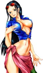 Rule 34 | 1girl, black hair, blue eyes, blue shirt, breasts, breasts apart, center opening, collarbone, covered erect nipples, cowboy shot, crop top, eyewear on head, female focus, glasses, hair slicked back, hand up, large breasts, long hair, looking at viewer, lowleg, midriff, navel, nico robin, no bra, no panties, one piece, open clothes, open mouth, open shirt, pink skirt, sarong, shiny clothes, shiny skin, shirt, short sleeves, side slit, simple background, skirt, smile, solo, sunglasses, unzipped, white background, yunbou, zipper