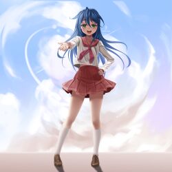 Rule 34 | 1girl, absurdres, ankle socks, artist logo, blue hair, brown footwear, cerulea-blue, cloud, cloudy sky, collarbone, commentary, commission, english commentary, full body, green eyes, hand on own hip, highres, izumi konata, loafers, long hair, looking at viewer, lucky star, neckerchief, open mouth, pink neckerchief, pleated skirt, reaching, reaching towards viewer, red sailor collar, red skirt, ryouou school uniform, sailor collar, school uniform, serafuku, shirt, shoes, skirt, sky, socks, solo, standing, teeth, upper teeth only, white shirt, white socks