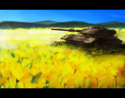 Rule 34 | 00s, day, field, flower, flower field, gotyou, hill, kino no tabi, landscape, letterboxed, military, military vehicle, moss, motor vehicle, no humans, scenery, sky, tank, vehicle, vehicle focus