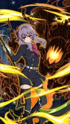 Rule 34 | 10s, 1girl, black dress, black footwear, black thighhighs, boots, bow, brown eyes, dress, facial mark, fire, floating hair, gloves, hair bow, highres, hiiragi shinoa, holding, holding weapon, knee boots, leg up, long hair, looking at viewer, military, military uniform, night, outdoors, owari no seraph, pleated dress, purple bow, purple hair, scythe, short dress, solo, sparkle, standing, thighhighs, uniform, weapon, white gloves, zettai ryouiki