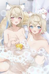 Rule 34 | 2girls, :d, absurdres, angeldu, animal ear fluff, bathtub, blonde hair, blue hair, blush, breasts, cleavage, colored inner animal ears, commentary, dog tail, english commentary, fang, fuwawa abyssgard, hand up, highres, hololive, hololive english, large breasts, long hair, looking at viewer, mococo abyssgard, multicolored hair, multiple girls, nude, open mouth, partially submerged, pink eyes, pink hair, rubber duck, short hair, siblings, sisters, skin fang, small breasts, smile, soap bubbles, streaked hair, tail, thighs, twins, variant set, virtual youtuber, wet