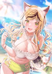 Rule 34 | 1girl, absurdres, animal ear fluff, animal ears, bare shoulders, blonde hair, blurry, blurry background, blush, bracelet, breasts, cleavage, cowboy shot, fang, food, fruit, green eyes, groin, hair ornament, hair ribbon, hairclip, highres, indie virtual youtuber, jewelry, kintsuba detama, large breasts, lens flare, long hair, looking at viewer, multicolored hair, navel, open mouth, outdoors, ribbon, shimofuri, skin fang, solo, streaked hair, virtual youtuber, watermelon, wet
