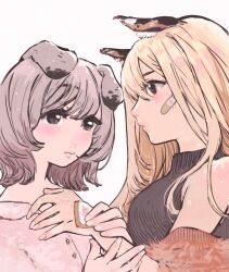 Rule 34 | 2girls, animal ears, bandaid, bandaid on face, bandaid on hand, black eyes, black sweater, blonde hair, blush, cat ears, cat girl, closed mouth, commentary, commentary request, dog ears, dog girl, english commentary, grey hair, injury, long hair, mixed-language commentary, multiple girls, original, partial commentary, scratches, short hair, simple background, sleeveless, sleeveless sweater, sweater, tenxtsu, upper body, white background, yuri