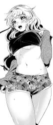 Rule 34 | 1girl, blonde hair, blush, crop top, filter-goshi no kanojo, greyscale, hands up, highres, koto mitsuha, long hair, monochrome, multicolored clothes, multicolored shorts, open mouth, purple eyes, shirt, shorts, solo, transparent background, very long hair
