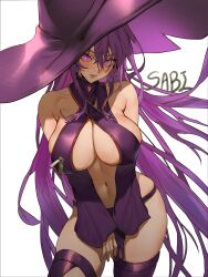 Rule 34 | 1girl, aisha landar, asymmetrical clothes, bare shoulders, bikini, breast zipper, breasts, cleavage, covered erect nipples, cowboy shot, criss-cross halter, detached collar, detached sleeves, elsword, gloves, halterneck, hat, highres, large breasts, long sleeves, navel, open mouth, oz sorcerer (elsword), pink eyes, purple bikini, purple gloves, purple hair, purple thighhighs, sabi (ghke4333), single glove, skindentation, solo, standing, stomach, string bikini, swimsuit, thighhighs, thighs, v arms, witch hat, zipper