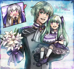 Rule 34 | !, 1boy, 2girls, :d, :o, artist name, blush, bouquet, byleth (fire emblem), byleth (male) (fire emblem), cake, commentary, dated, dress, english commentary, father and daughter, fire emblem, fire emblem: three houses, flower, food, frilled dress, frills, green eyes, green hair, hair ribbon, happy birthday, holding person, if they mated, kari avalon, long hair, lysithea von ordelia, mother and daughter, multiple girls, nintendo, open mouth, purple dress, purple eyes, ribbon, sidelocks, silver hair, smile, twintails