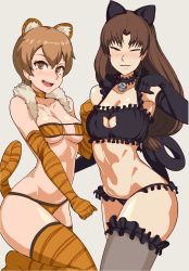 Rule 34 | 2girls, animal ears, animal print, bell, bikini, black bra, black gloves, black panties, blush, bra, breasts, brown eyes, brown hair, cat cutout, cat ears, cat lingerie, cat tail, choker, cleavage, clothing cutout, collarbone, commentary, elbow gloves, english commentary, eyepatch bikini, fate/hollow ataraxia, fate/stay night, fate (series), feather boa, frilled choker, frilled garter, frilled legwear, frills, fujimura taiga, gloves, groin, highres, hotaruzuka otoko, jingle bell, kemonomimi mode, large breasts, light brown hair, lips, medium breasts, meme attire, micro panties, multiple girls, neck bell, nose blush, open mouth, orange gloves, orange legwear, panties, see-through, see-through legwear, standby, strapless, strapless bikini, striped legwear, swimsuit, tail, thighhighs, thighs, tiger ears, tiger print, tiger tail, underboob, underwear, white background