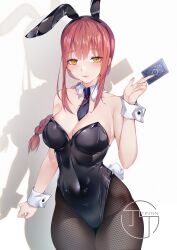 1girl alternate_costume bare_shoulders blush braid breasts card card_(medium) chainsaw_man fishnets large_breasts leotard long_hair makima_(chainsaw_man) nails necktie playboy_bunny red_hair short_necktie smile thighs tintin tintin001015 wrist_cuffs yellow_eyes