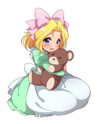 Rule 34 | 00s, 1girl, blonde hair, blue eyes, blush, bow, dress, hair bow, hair ribbon, hug, hugging doll, hugging object, iris chateaubriand, jean-paul, jean paul, juliet sleeves, kanya pyi, long sleeves, looking at viewer, open mouth, pink bow, puffy sleeves, ribbon, sakura taisen, simple background, solo, stuffed animal, stuffed toy, teddy bear, white background