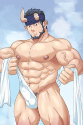 Rule 34 | 1boy, abs, bara, beard, black hair, broken horn, bulge, demon boy, demon horns, erection, erection under clothes, facial hair, fang, fang out, headband, highres, holding, holding towel, horns, large pectorals, live a hero, male focus, male pubic hair, muscular, muscular male, naked towel, navel, nessen (live a hero), nipples, pectorals, pubic hair, short hair, sideburns, solo, thick thighs, thighs, towel, veins, veiny arms, weedwolfeatmeat