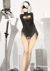 Rule 34 | 1girl, 2016, bare legs, blindfold, breasts, cleavage, clothes pull, covering privates, covering crotch, hairband, highres, long legs, medium breasts, meme attire, merry christmas, moebaka, mole, mole under mouth, nier (series), nier:automata, open-chest sweater, pod (nier:automata), ruins, short hair, sketch, standing, sweater, sword, weapon, white hair, 2b (nier:automata)