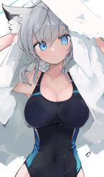 Rule 34 | 1girl, animal ear fluff, animal ears, armpits, blue archive, blue eyes, blush, breasts, cleavage, competition swimsuit, covered navel, grey hair, hair between eyes, halo, highres, large breasts, looking at viewer, medium breasts, mikozin, mismatched pupils, one-piece swimsuit, shiroko (blue archive), shiroko (swimsuit) (blue archive), short hair, solo, swimsuit, towel, wet, wet clothes, wet swimsuit