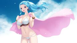 Rule 34 | 1girl, bikini, blue eyes, blue hair, blush, bracelet, breasts, cait aron, cleavage, collarbone, earrings, highres, jewelry, large breasts, long hair, looking at viewer, navel, nefertari vivi, one piece, open mouth, parted bangs, ponytail, sidelocks, smile, solo, swimsuit, thighs, white bikini