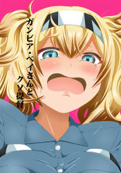 Rule 34 | 1girl, blonde hair, blue eyes, blue shirt, blush, breast pocket, breasts, collared shirt, commentary request, cover, cover page, crying, crying with eyes open, gambier bay (kancolle), hair between eyes, hairband, highres, kantai collection, large breasts, open mouth, pocket, shino (ponjiyuusu), shirt, tears, translation request, twintails