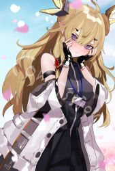Rule 34 | 1girl, arknights, bare shoulders, bebe (bebe pp), black gloves, blush, breasts, fingerless gloves, gloves, hair ornament, hairclip, hands on own cheeks, hands on own face, highres, horns, jacket, leizi (arknights), long hair, looking at viewer, name tag, off shoulder, pointy ears, purple eyes, solo, sweatdrop
