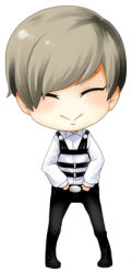 Rule 34 | 1boy, belt, bigbang, blonde hair, chibi, closed eyes, daesung, grey hair, harness, k-pop, long sleeves, lowres, male focus, microphone, pigeon-toed, shirt, short hair, simple background, smile, solo, standing, white background, white shirt
