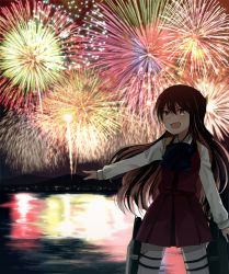 Rule 34 | &gt;:d, 10s, 1girl, :d, annin musou, bad id, bad twitter id, black hair, dress, fang, fang out, fireworks, grey pantyhose, highres, kantai collection, long hair, long sleeves, multicolored hair, naganami (kancolle), open mouth, pantyhose, photo background, pink hair, purple dress, shirt, sleeveless, sleeveless dress, smile, solo, v-shaped eyebrows, white shirt, yellow eyes