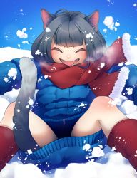 Rule 34 | 1girl, :d, ^ ^, abiko yuuji, animal ear fluff, animal ears, blue coat, blue sky, blush, cat ears, cat girl, cat tail, closed eyes, coat, day, fangs, fur trim, grey hair, highres, long sleeves, open mouth, original, outdoors, red footwear, red scarf, scarf, short hair, sky, smile, snow, solo, tail, winter clothes, winter coat