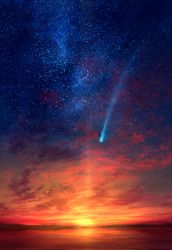Rule 34 | blue sky, cloud, cloudy sky, commentary request, gradient sky, highres, horizon, lake, mks, night, night sky, no humans, original, outdoors, red sky, reflection, scenery, shooting star, sky, star (sky), starry sky, sunset, water surface