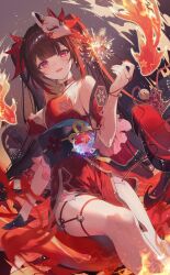 Rule 34 | 1girl, bare shoulders, bell, black gloves, black hair, detached sleeves, dress, fireworks, fox mask, gloves, highres, holding fireworks, honkai: star rail, honkai (series), long hair, looking at viewer, mask, neck bell, necomi, open mouth, pink eyes, red dress, red nails, short sleeves, single glove, smile, solo, sparkle (honkai: star rail), symbol-shaped pupils, thighs, twintails