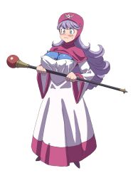 Rule 34 | 1girl, :3, absurdres, blue eyes, capelet, closed mouth, creature, dragon quest, dragon quest ii, dress, eyelashes, full body, highres, holding, holding staff, hood, hood up, hooded capelet, legs apart, light purple hair, long hair, long sleeves, pink capelet, powerhamuhamu, princess of moonbrook, purple footwear, purple hair, simple background, slime (creature), slime (dragon quest), smile, solo, staff, standing, v-shaped eyebrows, white background, white dress, wide sleeves