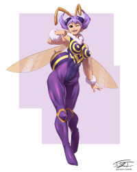 Rule 34 | 1girl, antennae, arthropod girl, bee girl, black eyes, breasts, compound eyes, covered navel, curvy, eric toner, extra eyes, flipped hair, full body, fur collar, head wings, highleg, highleg leotard, highres, impossible clothes, impossible leotard, insect girl, insect wings, knee pads, large breasts, leotard, monster girl, no pupils, one eye closed, open mouth, pantyhose, purple eyes, purple pantyhose, q-bee, short hair, signature, smile, solo, stinger, thick thighs, thighs, vampire (game), watermark, web address, wings, wristband