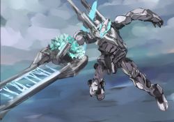 Rule 34 | cloud, crystal, flying, highres, holding, holding sword, holding weapon, looking ahead, mark sein, mecha, open hand, robot, science fiction, sgr (rx79g sgr), sketch, sky, solo, soukyuu no fafner, sword, visor, weapon