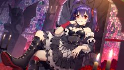 Rule 34 | 1girl, absurdres, ahoge, black footwear, blue hair, boots, breasts, candle, cleavage, crossed legs, detached sleeves, flower, gargoyle, hair between eyes, hair ribbon, highres, indoors, knee boots, lolita fashion, long hair, looking at viewer, parted lips, red eyes, red flower, red ribbon, rekaerb maerd, ribbon, romantic saga of beauty &amp; devil, sitting, small breasts, smile, solo, twintails, wrist ribbon