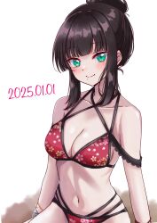 1girl alternate_hairstyle bikini birthday black_hair blush breasts cleavage collarbone commentary dated green_eyes hair_bun highres kurosawa_dia light_smile looking_at_viewer love_live! love_live!_sunshine!! medium_breasts midori_oekk mole mole_under_mouth red_bikini single_hair_bun solo swimsuit upper_body