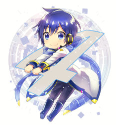 Rule 34 | 1boy, anniversary, blue hair, blue nails, blue scarf, chibi, circle, closed mouth, coat, fingernails, full body, hair between eyes, headphones, headset, kaito (vocaloid), kaito (vocaloid3), kikuchi mataha, long sleeves, looking at viewer, male focus, nail polish, outstretched arms, pants, scarf, see-through, smile, solo, square, unzipped, vocaloid, white background, white coat
