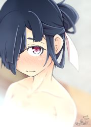 Rule 34 | 10s, 1girl, bathing, black hair, blush, dated, dripping, hair over one eye, hair ribbon, hair up, hayashimo (kancolle), kantai collection, looking at viewer, partially submerged, red eyes, ribbon, ru2n131, signature, solo, wavy mouth, wet
