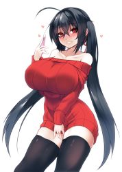 Rule 34 | 1girl, ahoge, azur lane, bare shoulders, black hair, black thighhighs, blush, breasts, collarbone, cowboy shot, dress, hair between eyes, hair ribbon, hand up, heart, highres, holding, huge breasts, jewelry, long hair, long sleeves, looking at viewer, off-shoulder, off-shoulder dress, off-shoulder sweater, off shoulder, parted lips, pregnancy test, red dress, red eyes, red ribbon, red sweater, ribbon, ring, short dress, simple background, smile, solo, sub-res, sweater, sweater dress, taihou (azur lane), thighhighs, twintails, very long hair, wedding band, white background