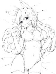 Rule 34 | 1girl, animal ears, braid, breasts, covered navel, darashi na panda, elbow gloves, gloves, gluteal fold, highres, long hair, lying, monochrome, on back, one-piece swimsuit, open mouth, original, rabbit ears, rabbit girl, sketch, solo, swimsuit, thighhighs, thighs