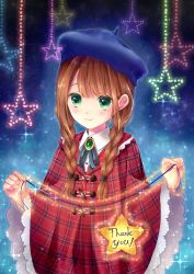 Rule 34 | 1girl, absurdres, beret, blue hat, blue ribbon, blush, braid, brooch, brown hair, cloak, closed mouth, collared shirt, commentary request, dress shirt, eyebrows hidden by hair, green eyes, hat, highres, holding, huge filesize, jewelry, kirizuki riko, long hair, looking at viewer, low twintails, neck ribbon, original, plaid cloak, red cloak, ribbon, shirt, smile, solo, star (symbol), thank you, twin braids, twintails, upper body, white shirt