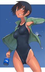 Rule 34 | 1girl, asics, black eyes, black hair, bottle, breasts, cameltoe, clenched teeth, competition swimsuit, cowboy shot, green jacket, jacket, kuronami (lvi), logo, looking at viewer, lvi, one-piece swimsuit, one-piece tan, open clothes, open jacket, original, short hair, small breasts, solo, swimsuit, tan, tanline, teeth