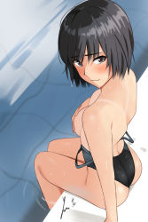 Rule 34 | amagami, arched back, black hair, black one-piece swimsuit, breasts, brown eyes, clothes pull, competition swimsuit, covering privates, covering breasts, from behind, highres, looking at viewer, nanasaki ai, one-piece swimsuit, one-piece swimsuit pull, poolside, short hair, signature, small breasts, soaking feet, swimsuit, tan, tanline, topless, two-tone swimsuit, water, yoo tenchi