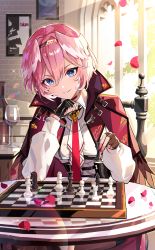 Rule 34 | 1girl, absurdres, black gloves, blouse, blue eyes, board game, bottle, breasts, brick wall, chair, chess, chess piece, chessboard, corset, cup, day, drawing (object), drinking glass, falling petals, fingerless gloves, gloves, goroo (eneosu), hair between eyes, head wings, highres, holding chess piece, hololive, indoors, jacket, long sleeves, looking at viewer, nail polish, necktie, parted lips, petals, pink hair, puffy long sleeves, puffy sleeves, red jacket, red nails, red necktie, shirt, short hair, sitting, smile, solo, takane lui, takane lui (1st costume), virtual youtuber, white necktie, white shirt, wine bottle, wine glass, wings