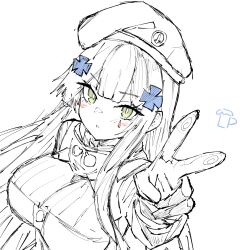 Rule 34 | absurdres, beret, blush, breasts, cross hair ornament, expressionless, girls&#039; frontline, goggles, green eyes, hair ornament, hat, highres, hk416 (girls&#039; frontline), open mouth, r scrubed, simple background, v, white background