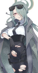Rule 34 | 1girl, asymmetrical bangs, black necktie, black pants, blue archive, breasts, chest harness, coat, coat on shoulders, eyewear on head, frown, green hair, grey coat, hair ornament, hair over one eye, hair rings, hair stick, halo, harness, high-waist pants, highres, holster, long bangs, makkurourufu, medium breasts, mina (blue archive), necktie, one eye covered, pants, red eyes, shirt, simple background, solo, striped, striped coat, sunglasses, thigh holster, thigh strap, torn clothes, torn pants, vertical-striped coat, white background, white shirt
