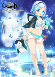 Rule 34 | 1girl, barefoot, blue eyes, blue hair, breasts, cleavage, feet, hairband, ice, ice cube, jin young-in, looking at viewer, matching hair/eyes, navel, open mouth, original, short hair, solo, stuffed animal, stuffed penguin, stuffed toy, unleashed