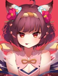 Rule 34 | 1girl, ahoge, animal ears, bare shoulders, bow, breasts, brown eyes, brown hair, cat ears, cat girl, cleavage, closed mouth, dlstjekt, flower, hair flower, hair ornament, hairband, highres, ichihime, japanese clothes, kimono, looking at viewer, mahjong soul, portrait, red background, rope, shimenawa, short hair, simple background, sleeveless, small breasts, solo, tongue, tongue out