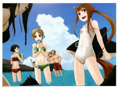 Rule 34 | 3boys, 4girls, :d, absurdres, animal ears, arm around neck, arm up, ayakura juu, ball, beachball, bikini, bikini top only, black bikini, black hair, black male swimwear, black swim trunks, blood, blue male swimwear, blue sky, blue swim trunks, blush, breasts, brown hair, cloud, collarbone, craft lawrence, day, dian rubens, dog, enekk, floating hair, flower, green bikini, hair flower, hair ornament, highres, holding, holding ball, holo, inflatable orca, inflatable toy, leaf print, lens flare, long hair, looking at viewer, looking back, male swimwear, multiple boys, multiple girls, navel, new school swimsuit, nora arento, nosebleed, ocean, official art, one-piece swimsuit, open mouth, outdoors, print bikini, print male swimwear, print swim trunks, print swimsuit, purple flower, red bikini, red eyes, red male swimwear, red swim trunks, school swimsuit, short hair, shoulder blades, sky, small breasts, smile, spice and wolf, strapless, strapless bikini, sweatdrop, swim trunks, swimsuit, tail, very long hair, wading, white one-piece swimsuit, white school swimsuit, wolf ears, wolf tail