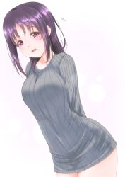 Rule 34 | 1girl, arms behind back, breasts, cowboy shot, frapowa, grey sweater, heart, kazuno sarah, large breasts, love live!, love live! school idol project, no pants, purple hair, red eyes, smile, solo, sweater, white background