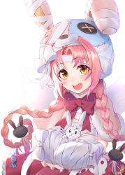Rule 34 | 1girl, :d, animal hat, blush, braid, button eyes, buttons, hair ornament, halloween, hat, highres, looking at viewer, mimi (halloween) (princess connect!), mimi (princess connect!), open mouth, pink hair, princess connect!, rabbit hair ornament, rabbit hat, shimon (31426784), smile, solo, trick or treat, twin braids, white background, wings, yellow eyes